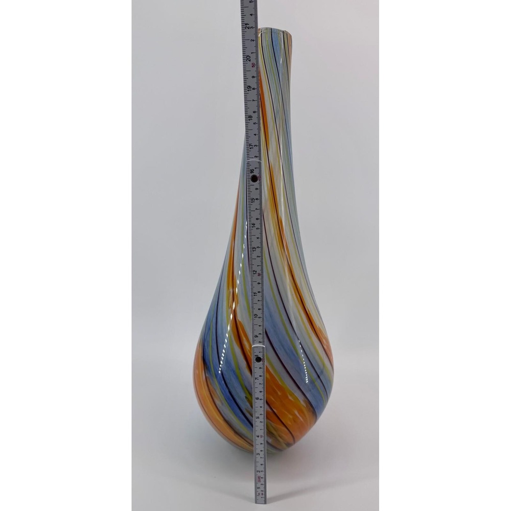 Murano Style Art Glass Vase Swirl Blue Orange Yellow Brown Hand Blown Tall Decor - Picture 7 of 11
